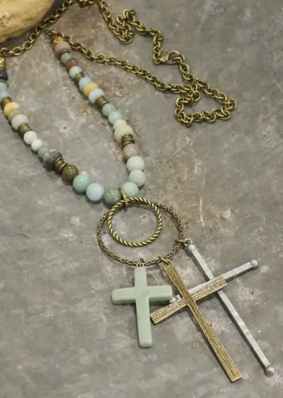 Bohemian Cross & Mixed Mint Stone Necklace