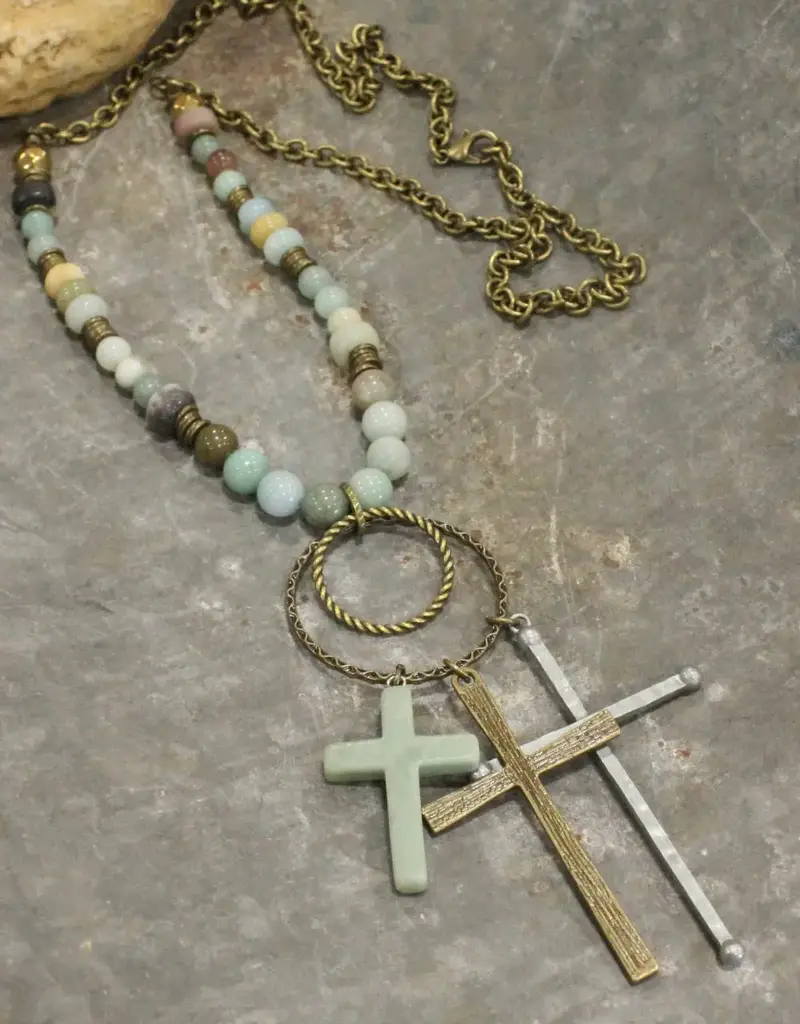 Bohemian Cross & Mixed Mint Stone Necklace