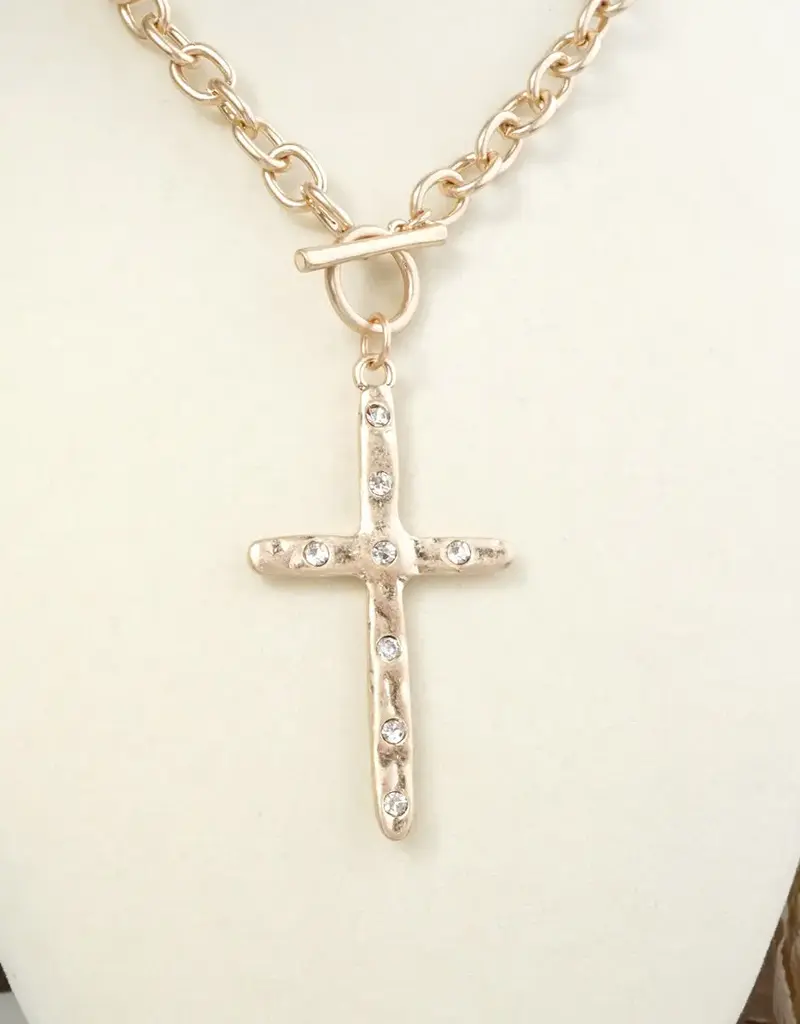 Divine Simplicity – Hammered Cross Front Toggle Necklace  - Gold