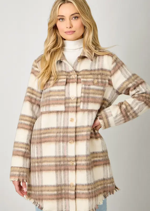 Fringe Detail Long Plaid Jacket