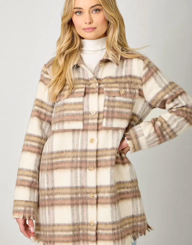 Fringe Detail Long Plaid Jacket