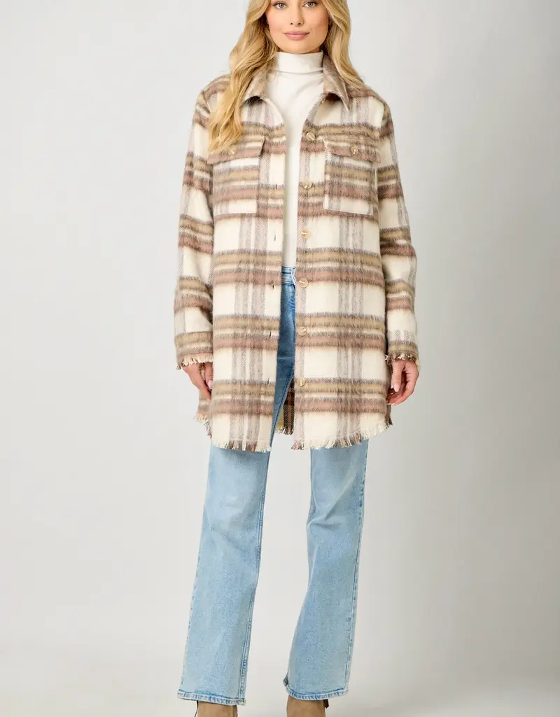 Fringe Detail Long Plaid Jacket