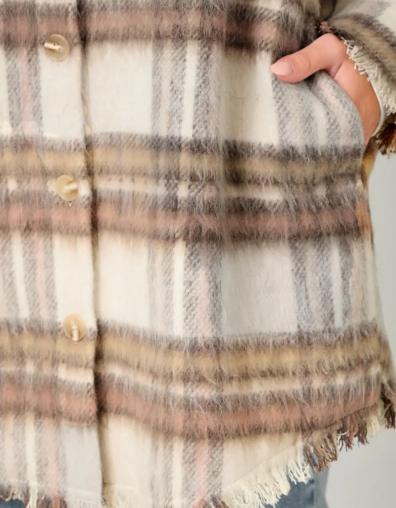 Fringe Detail Long Plaid Jacket