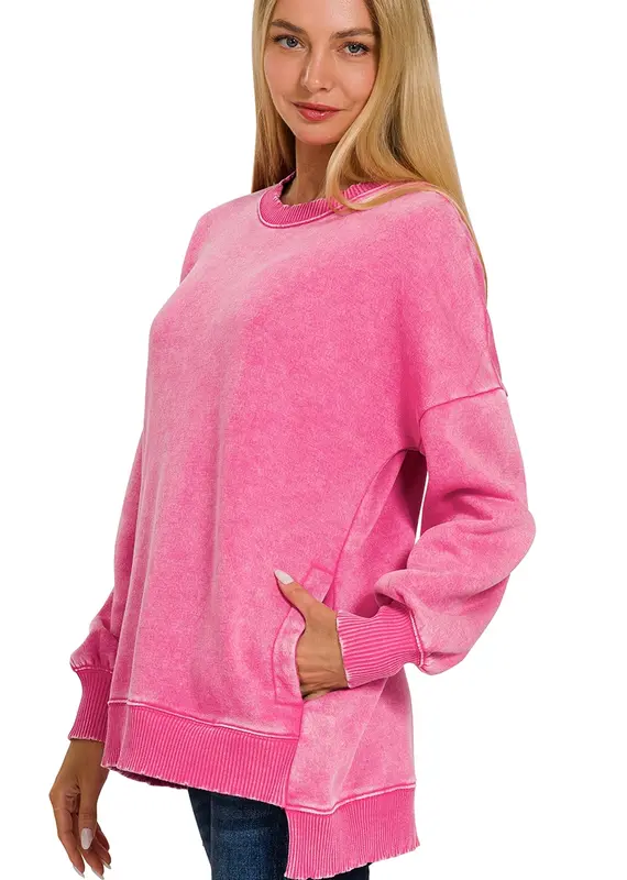 Acid Wash Fleece Hi-Low Hem Pullover