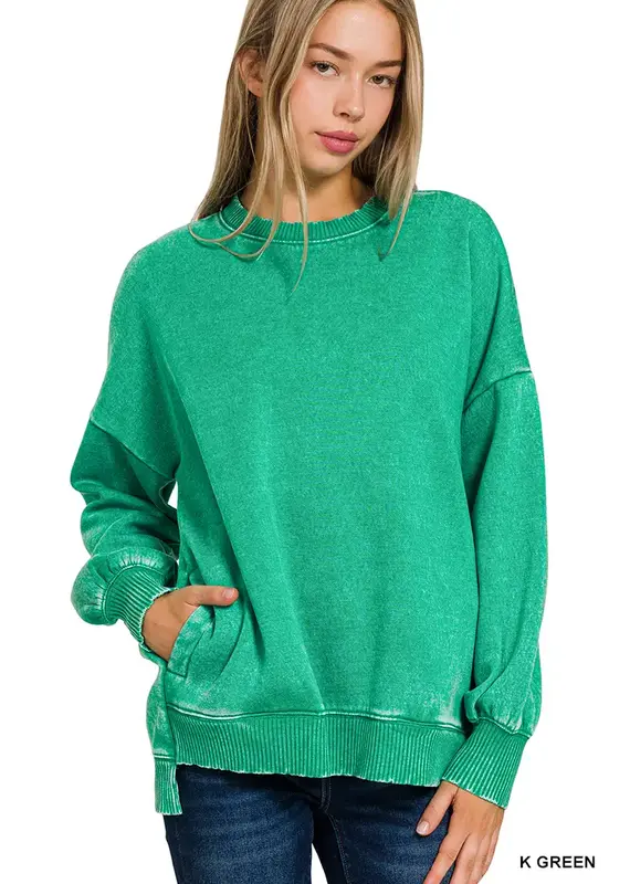 Acid Wash Fleece Hi-Low Hem Pullover