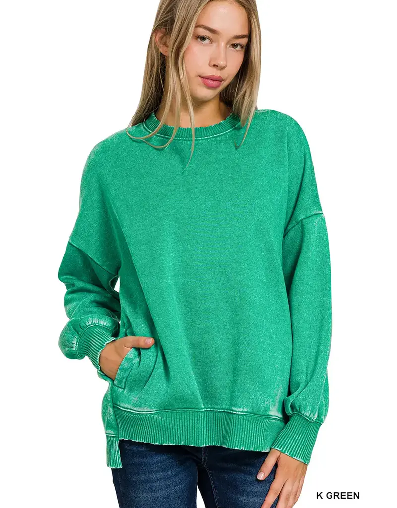 Acid Wash Fleece Hi-Low Hem Pullover