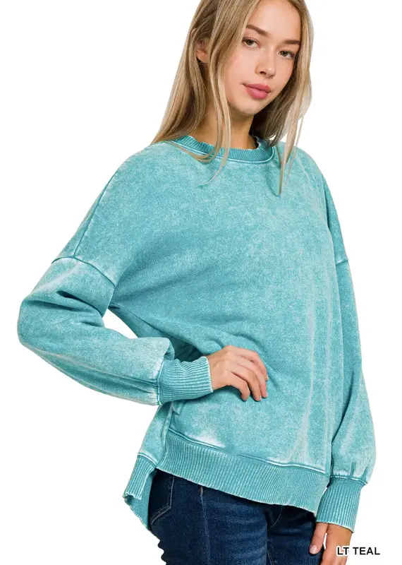 Acid Wash Fleece Hi-Low Hem Pullover