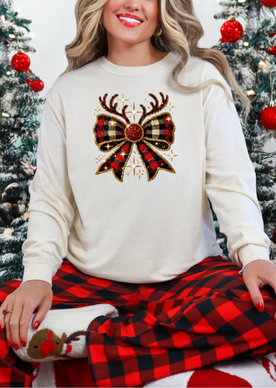 Rudolph Plaid Bow Long Sleeve Tee