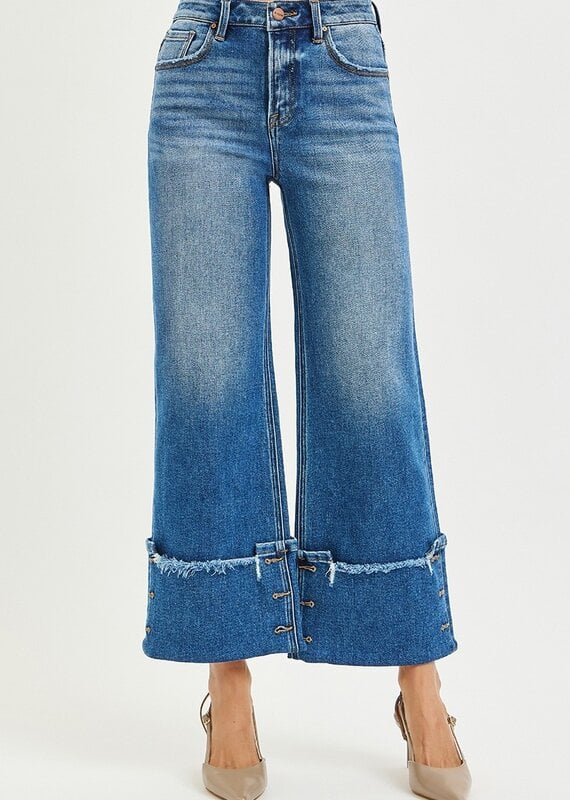 High Rise Cropped Wide Leg Cuff Button Detail
