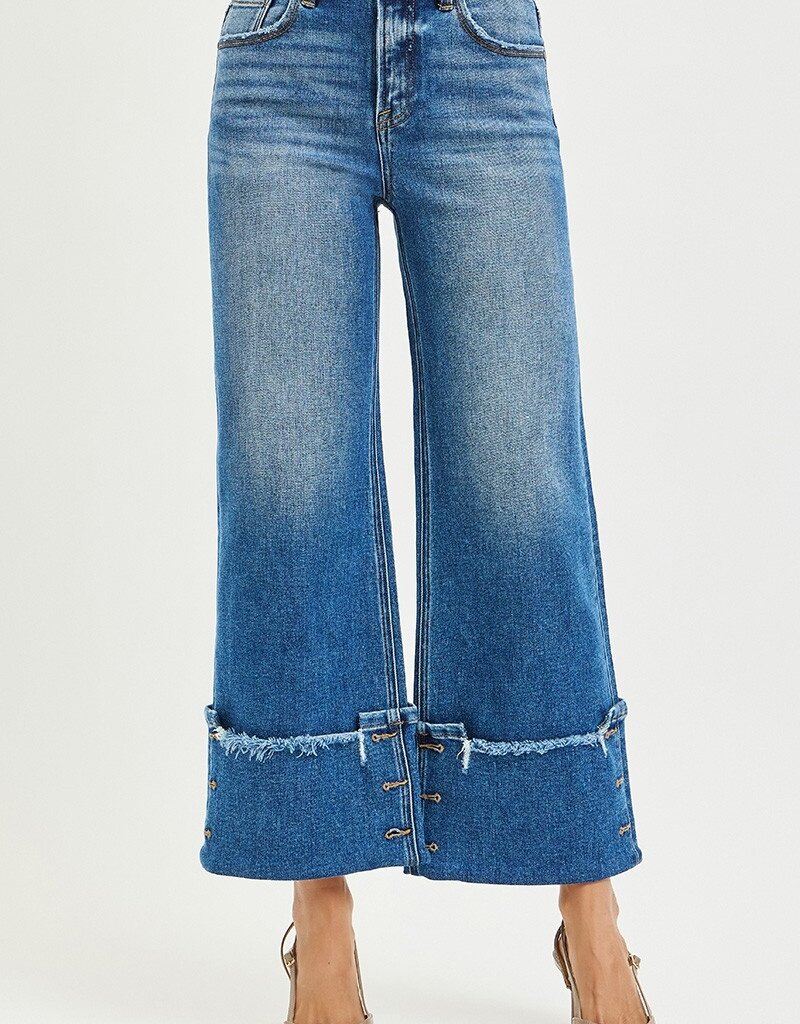 High Rise Cropped Wide Leg Cuff Button Detail