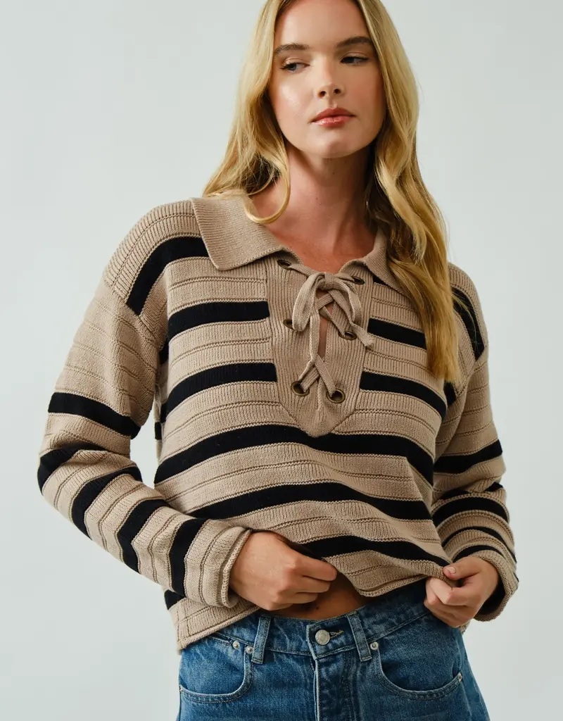 Lace Up Relexed Fit Stripe Sweater