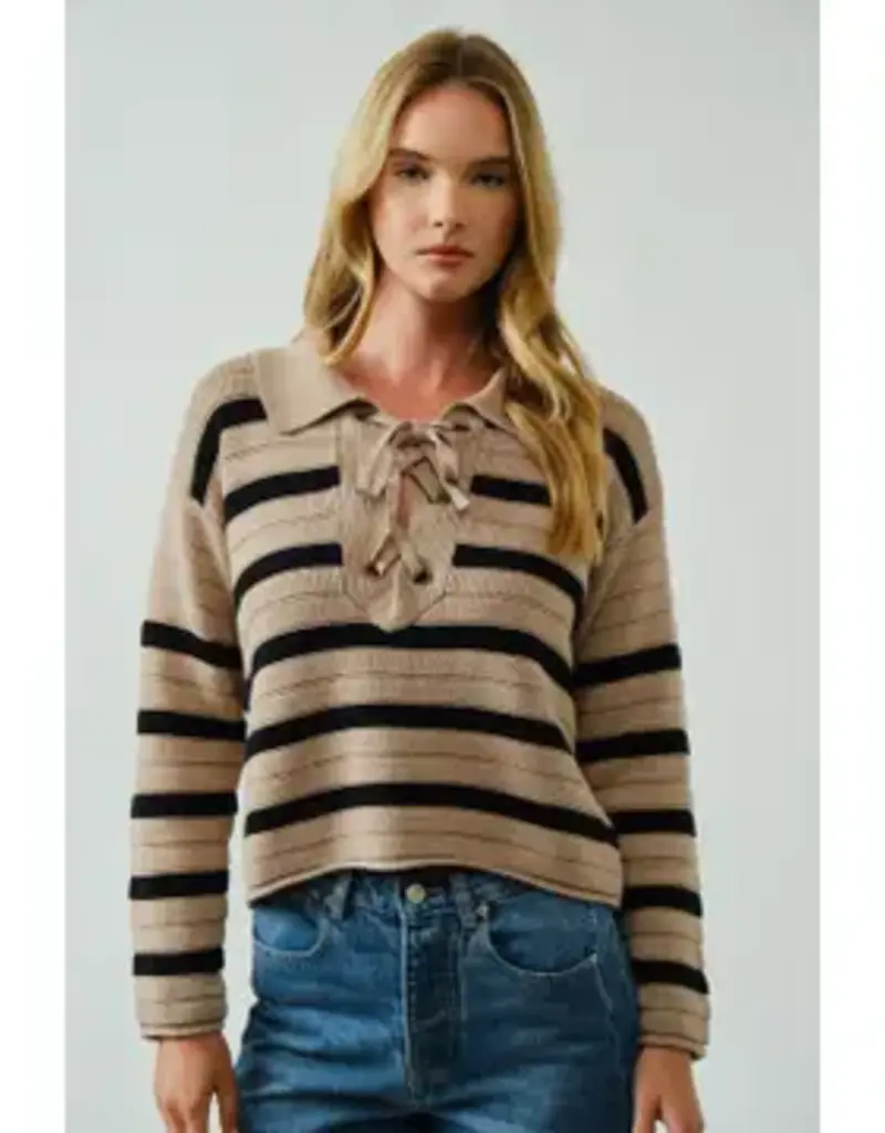 Lace Up Relexed Fit Stripe Sweater
