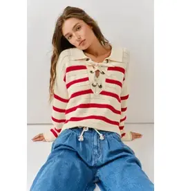 Lace Up Relexed Fit Stripe Sweater