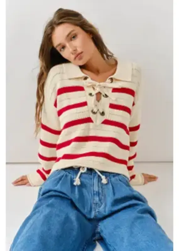 Lace Up Relexed Fit Stripe Sweater