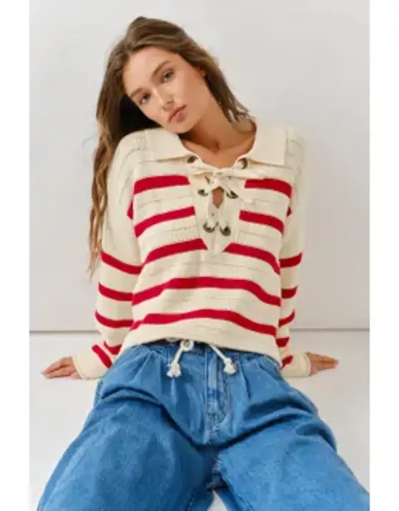 Lace Up Relexed Fit Stripe Sweater