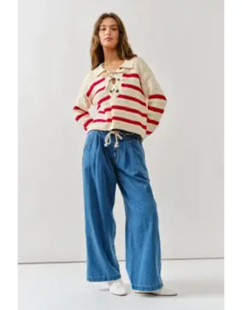 Lace Up Relexed Fit Stripe Sweater