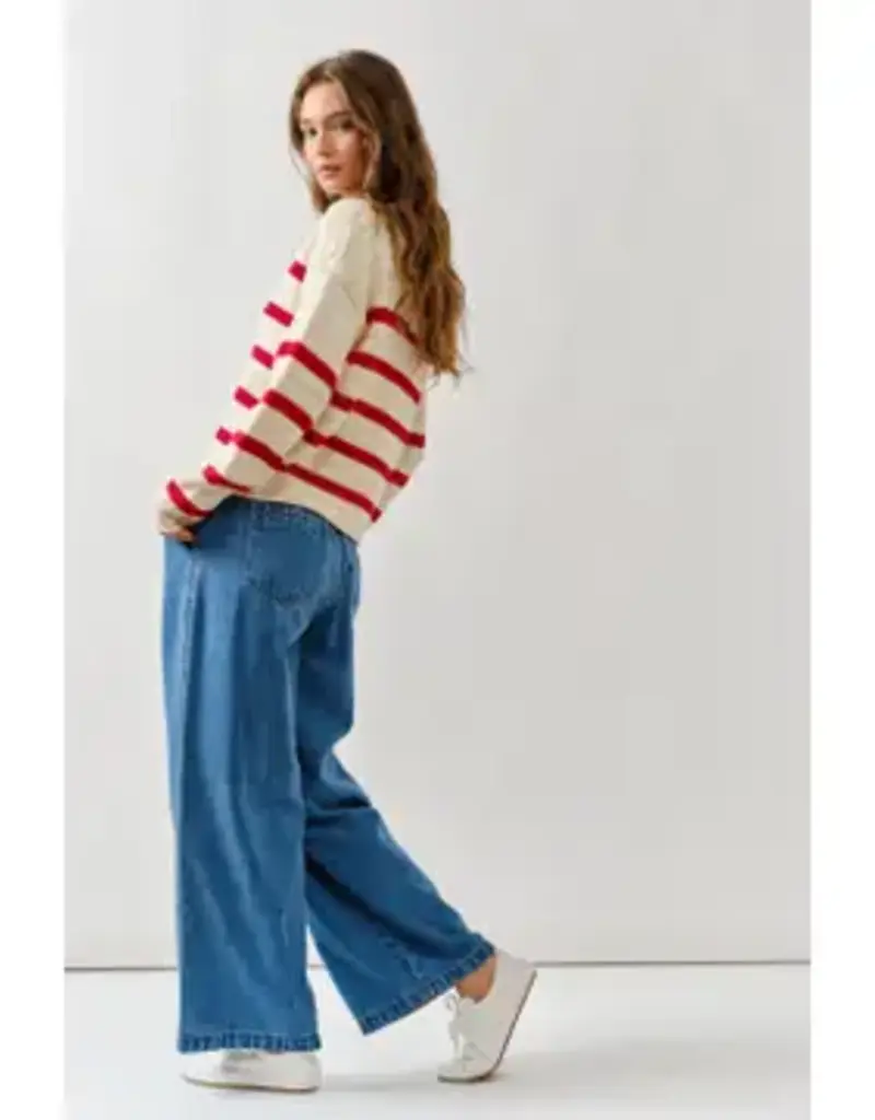 Lace Up Relexed Fit Stripe Sweater