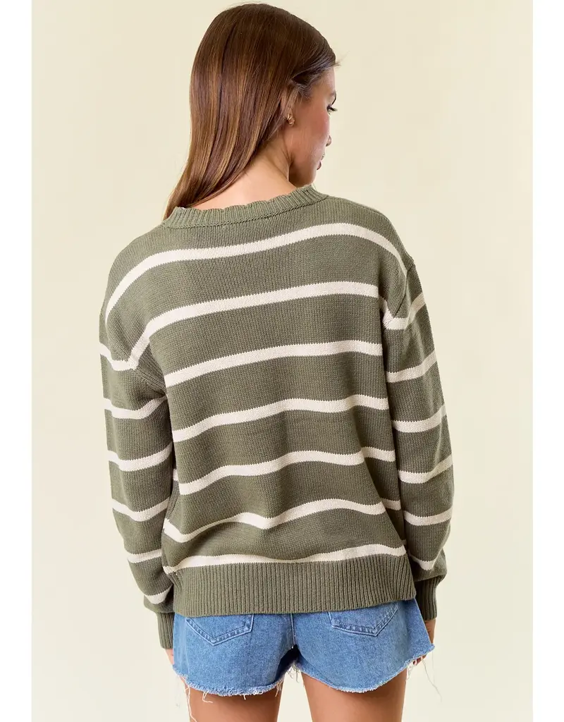 Scallop Neckline Long Sleeve Striped Sweater