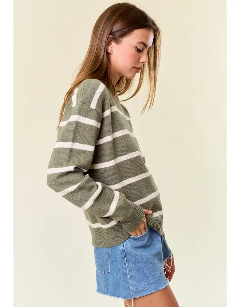 Scallop Neckline Long Sleeve Striped Sweater