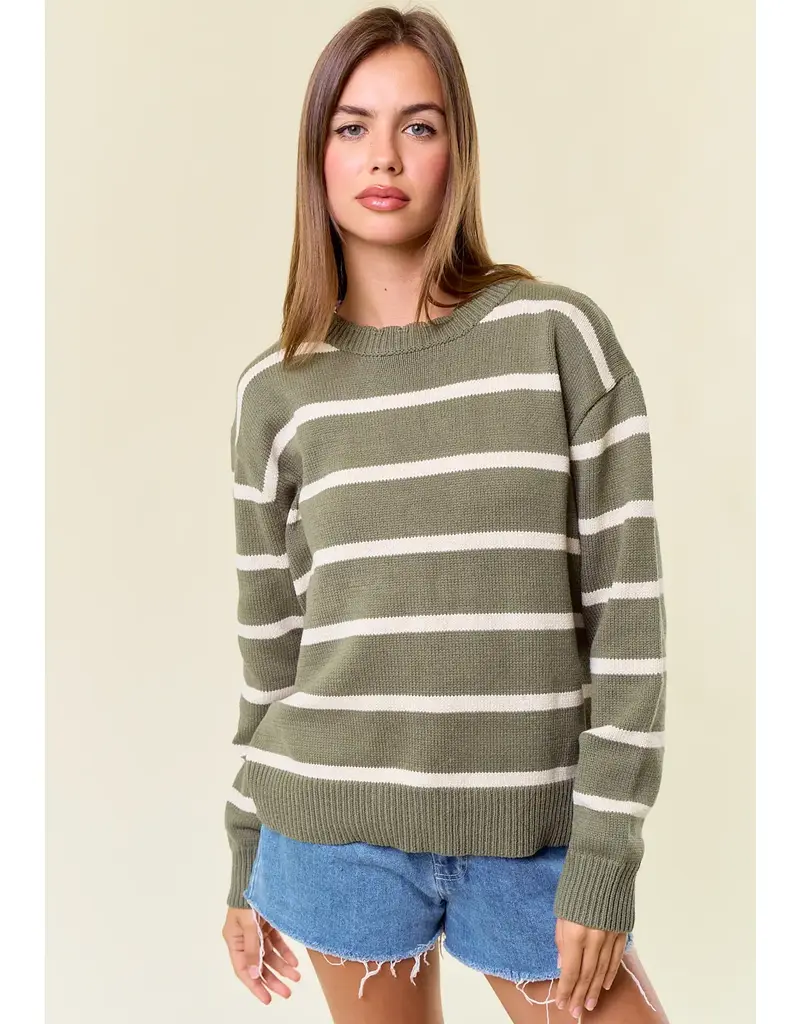 Scallop Neckline Long Sleeve Striped Sweater