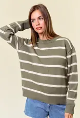 Scallop Neckline Long Sleeve Striped Sweater