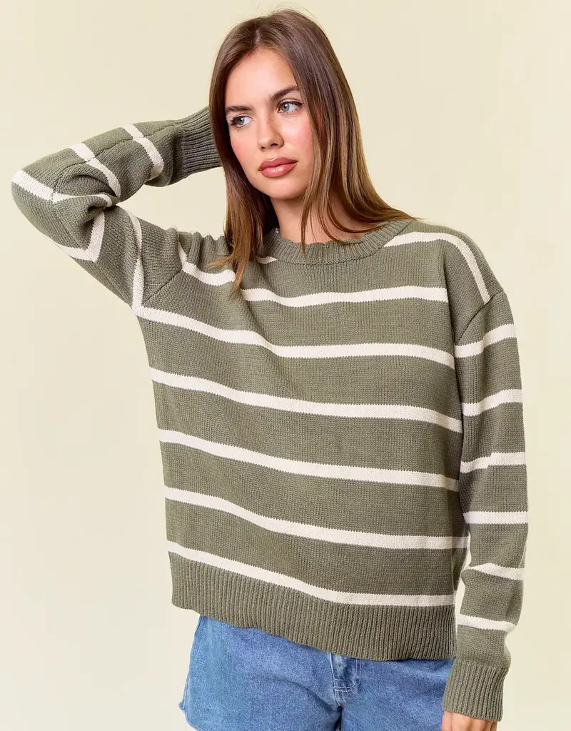 Scallop Neckline Long Sleeve Striped Sweater