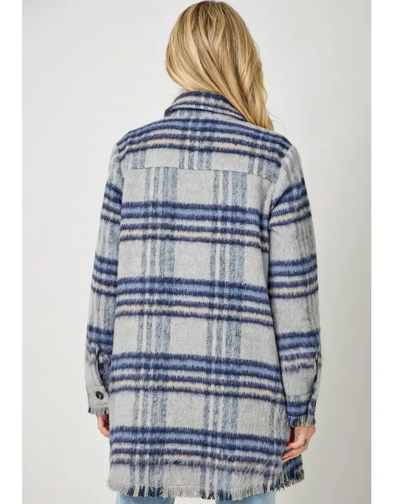 Fringe Detail Long Plaid Jacket