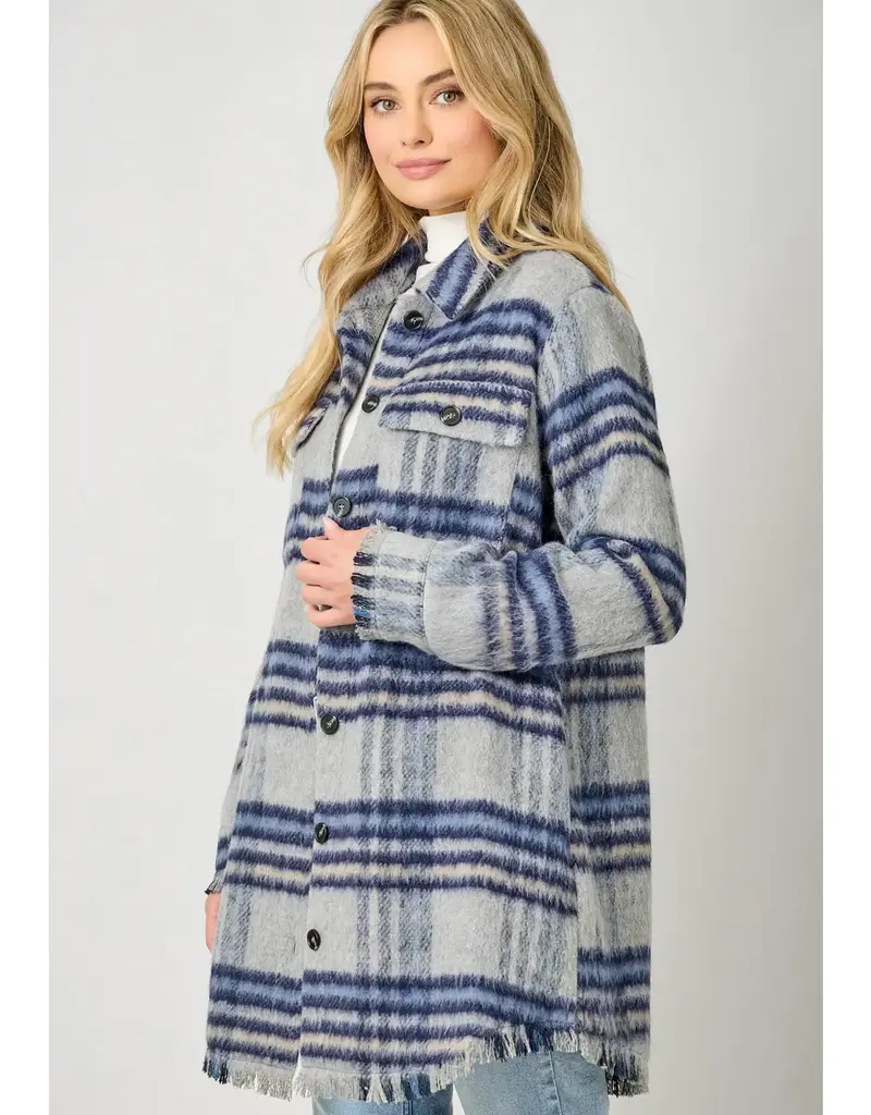 Fringe Detail Long Plaid Jacket