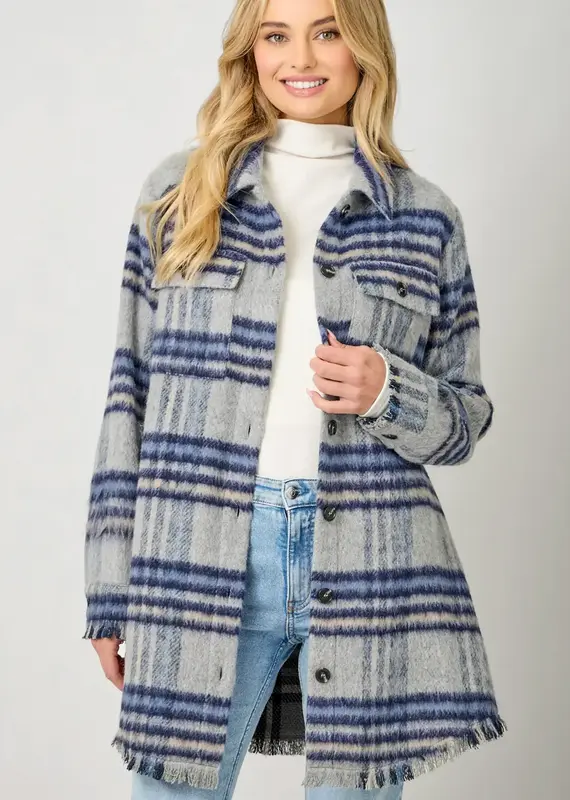 Fringe Detail Long Plaid Jacket