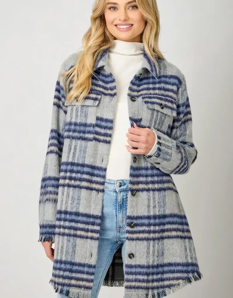 Fringe Detail Long Plaid Jacket