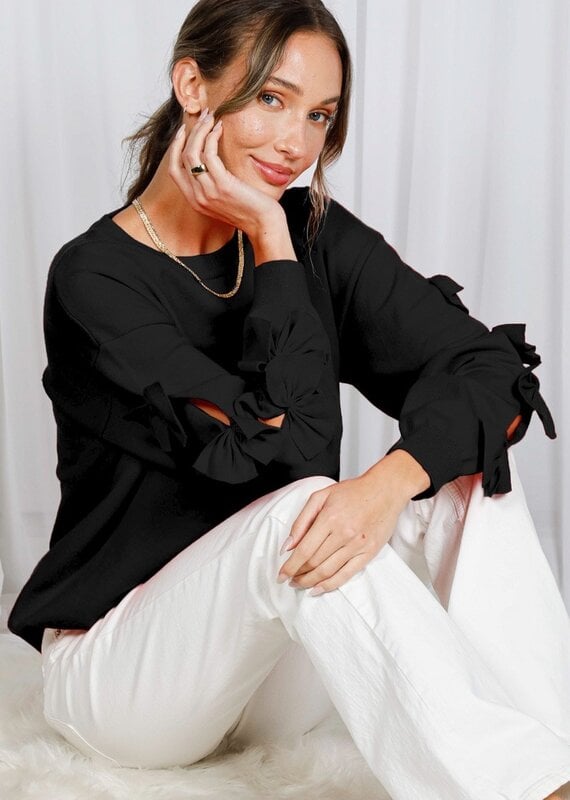 Bow Embellished Long-Sleeve Crew Neck Knit Sweater