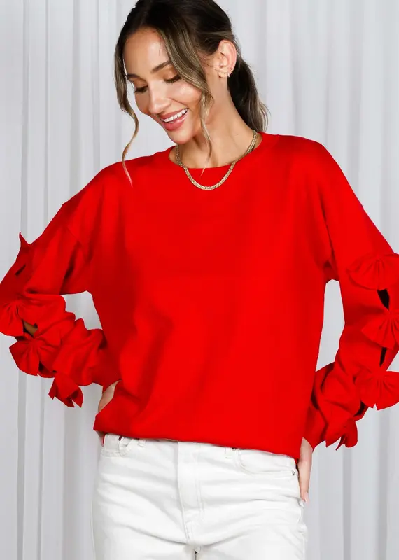 Bow Embellished Long-Sleeve Crew Neck Knit Sweater