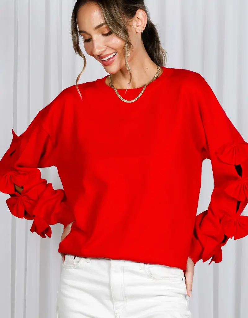 Bow Embellished Long-Sleeve Crew Neck Knit Sweater