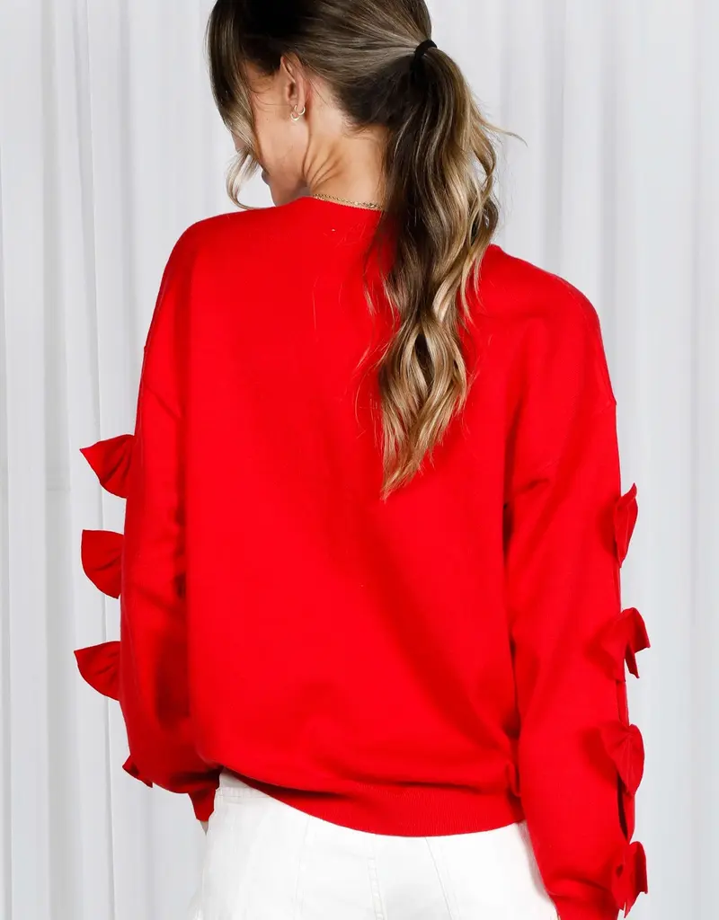 Bow Embellished Long-Sleeve Crew Neck Knit Sweater