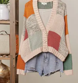 Color Block Crochet V Neck Cardigan