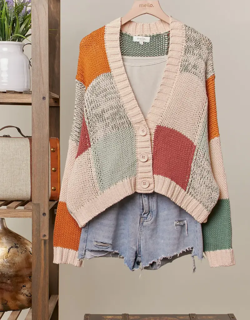 Color Block Crochet V Neck Cardigan