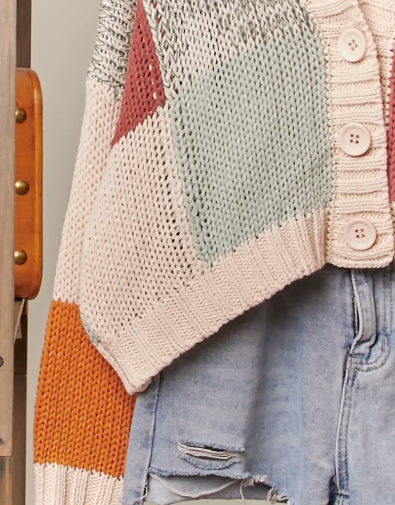Color Block Crochet V Neck Cardigan