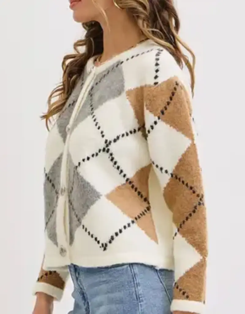 Cozy Soft Argyle Pattern Sweater Knit Cardigan
