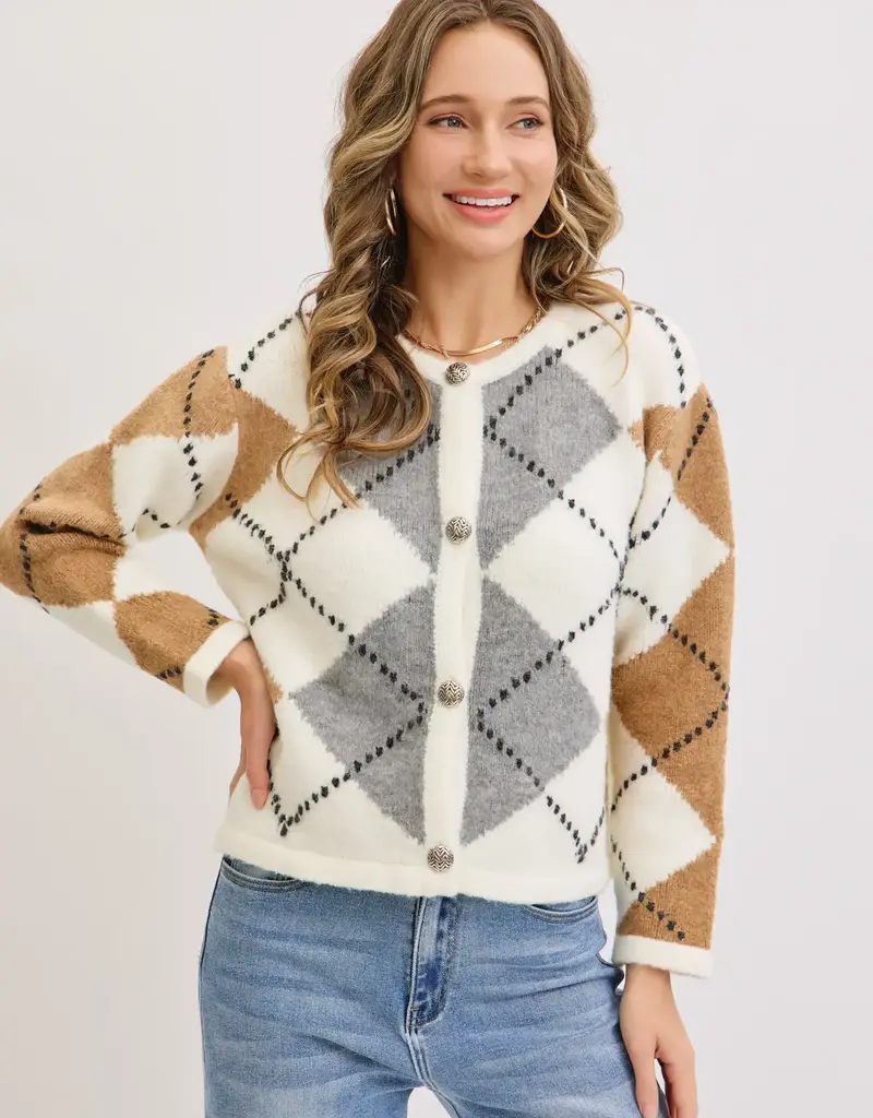 Cozy Soft Argyle Pattern Sweater Knit Cardigan