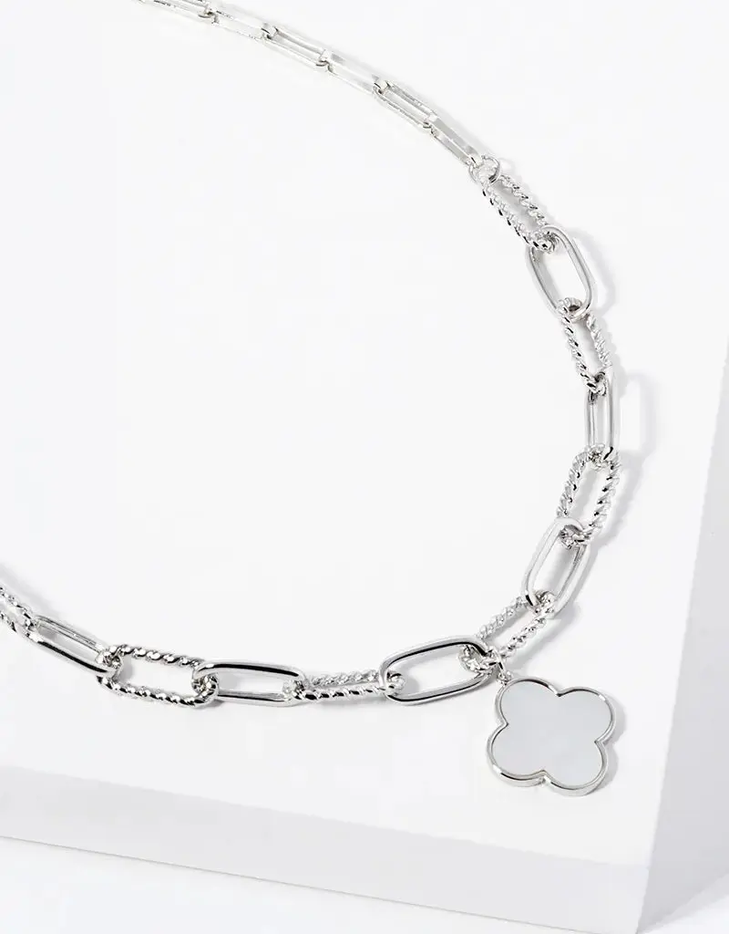 18K Gold Dipped Quatrefoil Pendant Link Chain Necklace - Silver/MOP