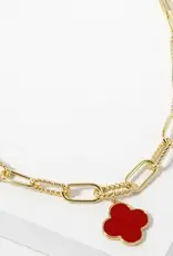 18K Gold Dipped Quatrefoil Pendant Link Chain Necklace - Gold/Red
