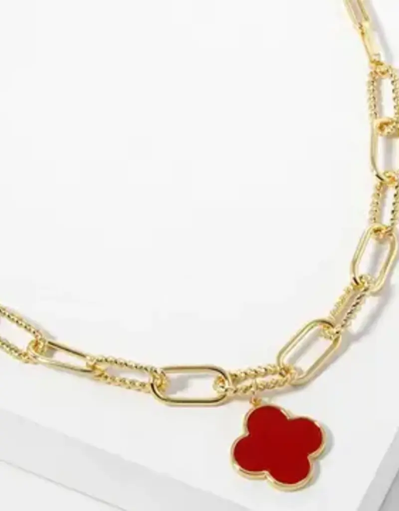 18K Gold Dipped Quatrefoil Pendant Link Chain Necklace - Gold/Red
