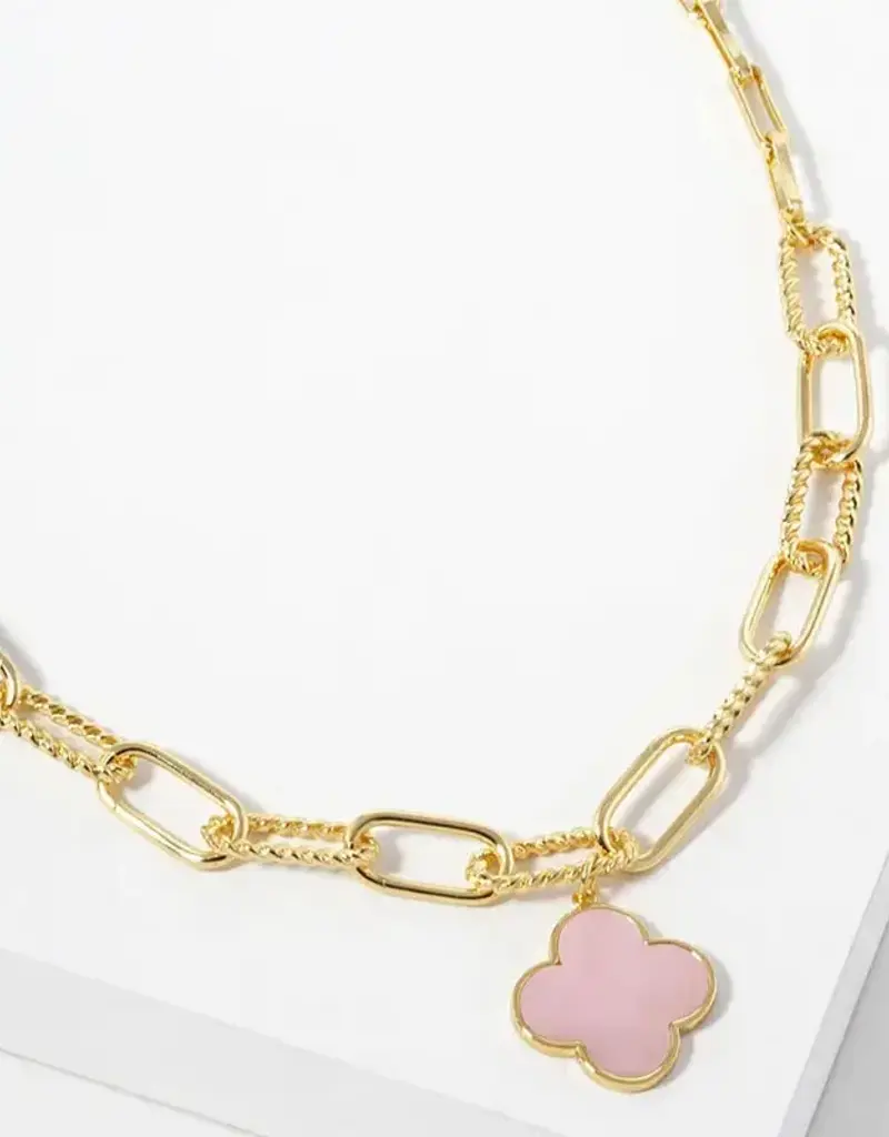 18K Gold Dipped Quatrefoil Pendant Link Chain Necklace - Gold/Pink