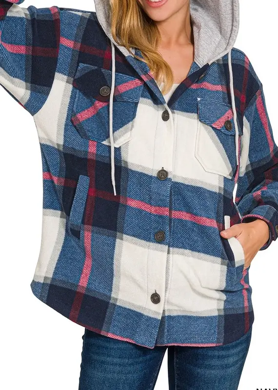 Hooded Fleece Plaid Shacket - Available in Navy & Pink