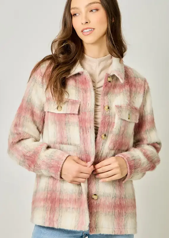Button Down Plaid Fur Jacket