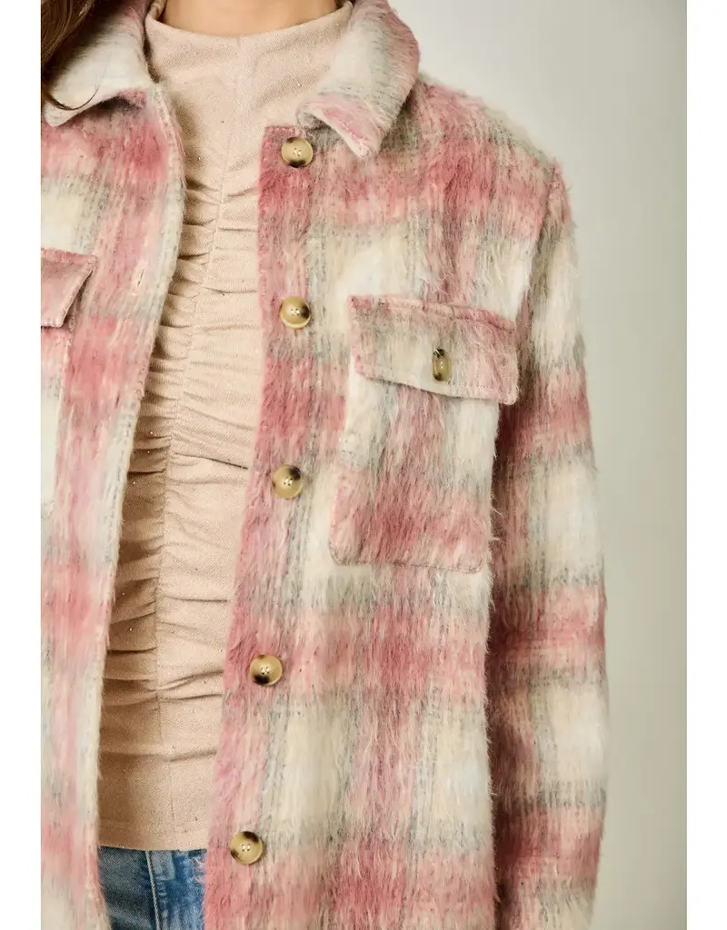 Button Down Plaid Fur Jacket