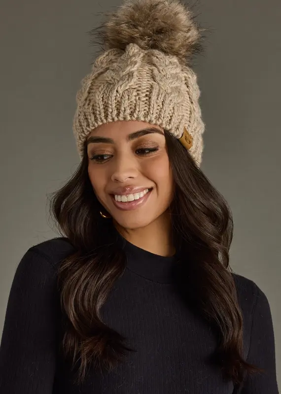 Cable Knit Pom Hat - Taupe