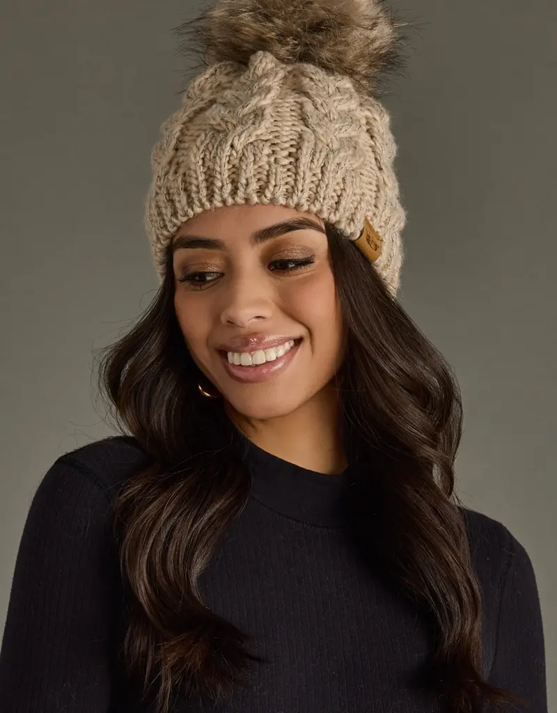 Cable Knit Pom Hat - Taupe