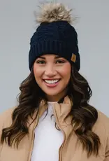 Cable Knit Pom Hat - Navy