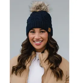 Cable Knit Pom Hat - Navy